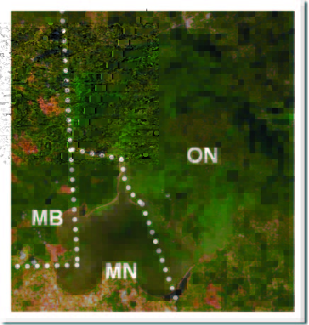Satellite view of watershed boundaries in Ontario, Manitoba and Minnesota